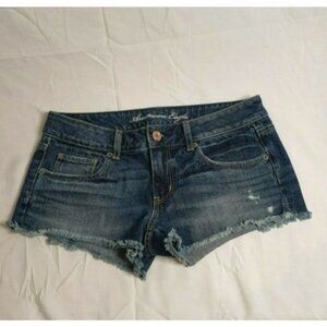 American Eagle Jean Shorts Sz 6 Frayed Distressed Blue‎ Cutoff Bootie Juniors